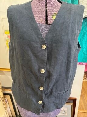 Harve Bernard Navy Button-Front Linen Vest 90s Vtg
